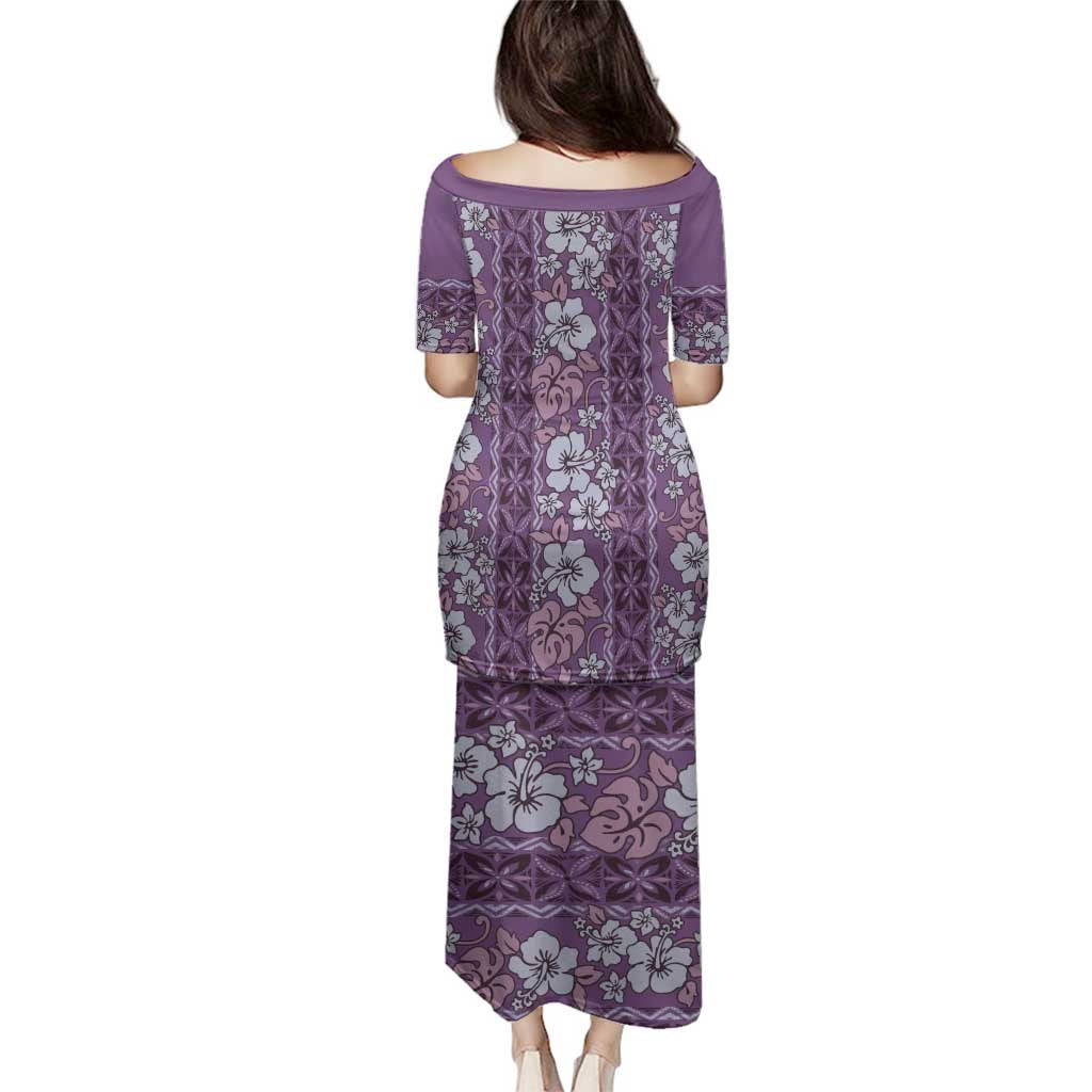 Hawaii Vintage Violet Hibiscus Tapa Pattern Family Matching Puletasi and Hawaiian Shirt