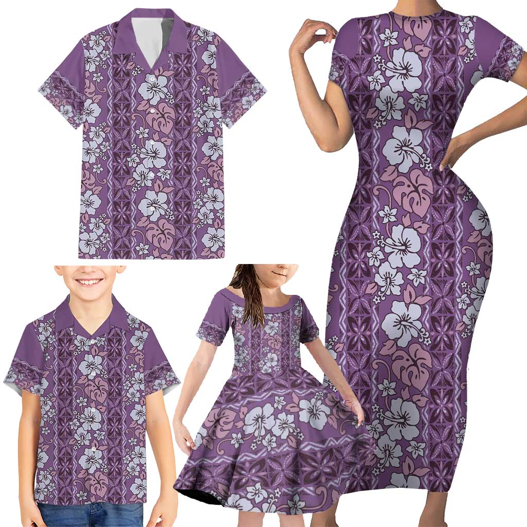 Hawaii Vintage Violet Hibiscus Tapa Pattern Family Matching Short Sleeve Bodycon Dress and Hawaiian Shirt LT05 - Polynesian Pride
