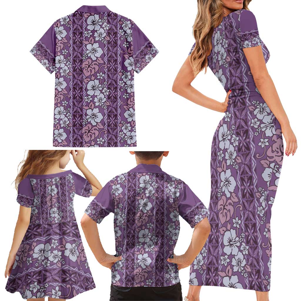 Hawaii Vintage Violet Hibiscus Tapa Pattern Family Matching Short Sleeve Bodycon Dress and Hawaiian Shirt LT05 - Polynesian Pride