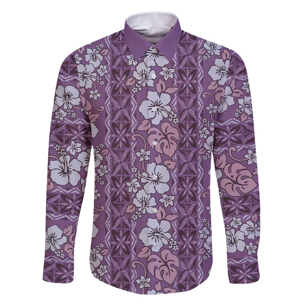 Hawaii Vintage Violet Hibiscus Tapa Pattern Family Matching Short Sleeve Bodycon Dress and Hawaiian Shirt LT05 Dad's Shirt - Long Sleeve Violet - Polynesian Pride