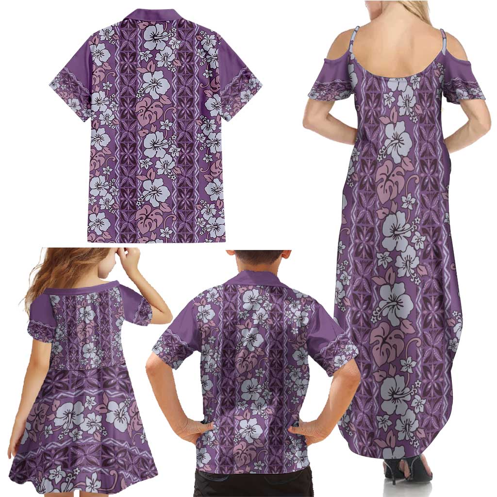 Hawaii Vintage Violet Hibiscus Tapa Pattern Family Matching Summer Maxi Dress and Hawaiian Shirt LT05 - Polynesian Pride