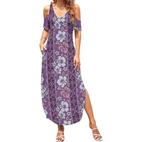 Hawaii Vintage Violet Hibiscus Tapa Pattern Family Matching Summer Maxi Dress and Hawaiian Shirt LT05 Mom's Dress Violet - Polynesian Pride