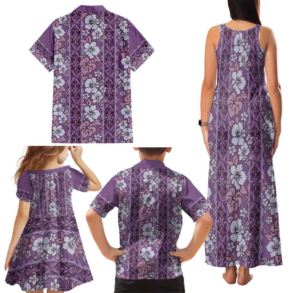 Hawaii Vintage Violet Hibiscus Tapa Pattern Family Matching Tank Maxi Dress and Hawaiian Shirt LT05 - Polynesian Pride