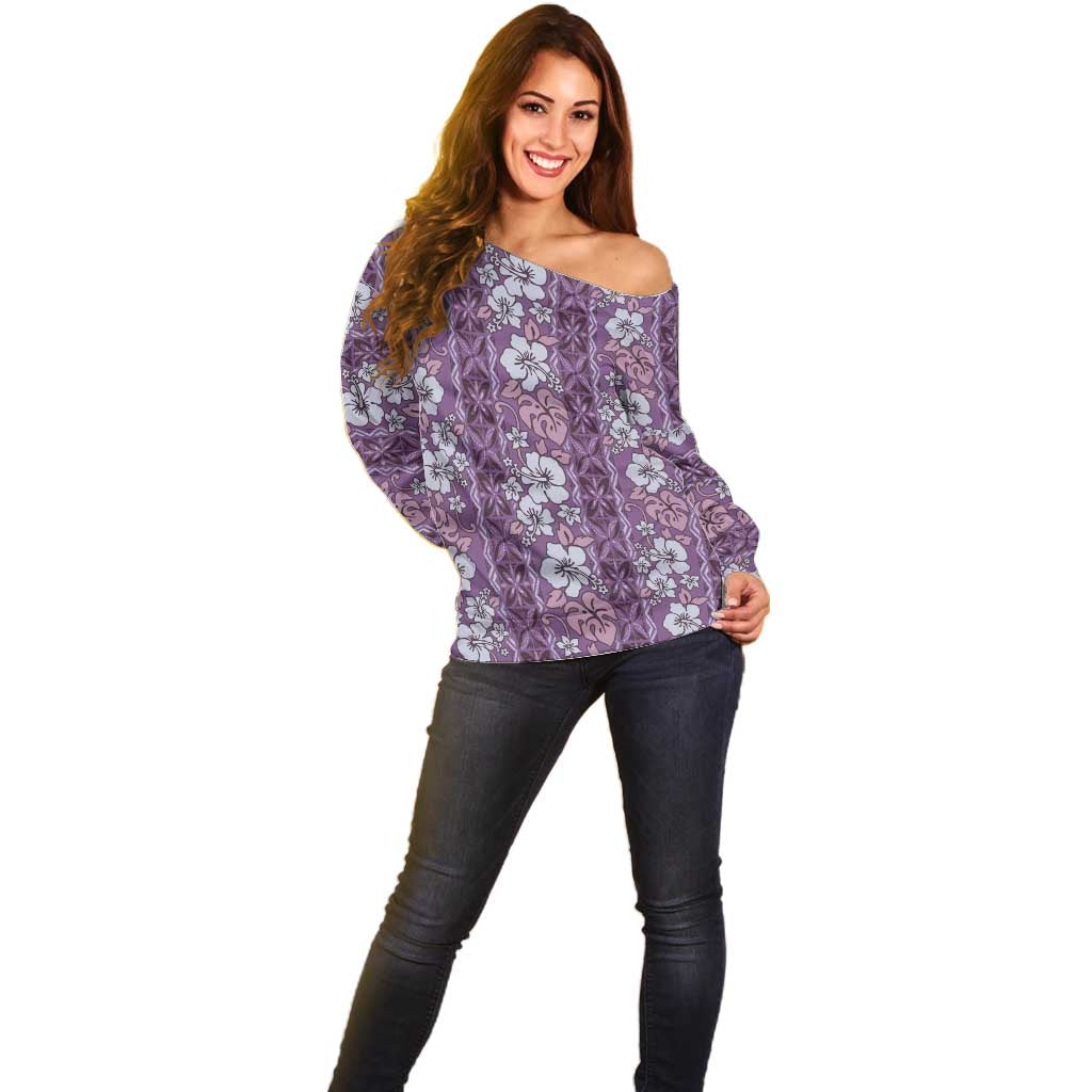 Hawaii Vintage Violet Hibiscus Tapa Pattern Off Shoulder Sweater