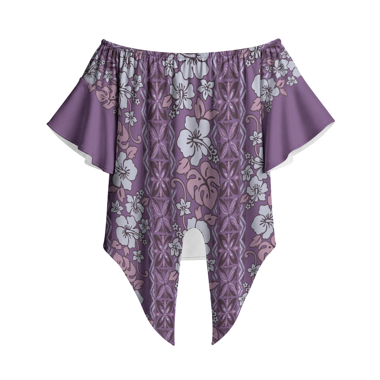 Hawaii Vintage Violet Hibiscus Tapa Pattern Off Shoulder Wrap Waist Top LT05 Violet - Polynesian Pride