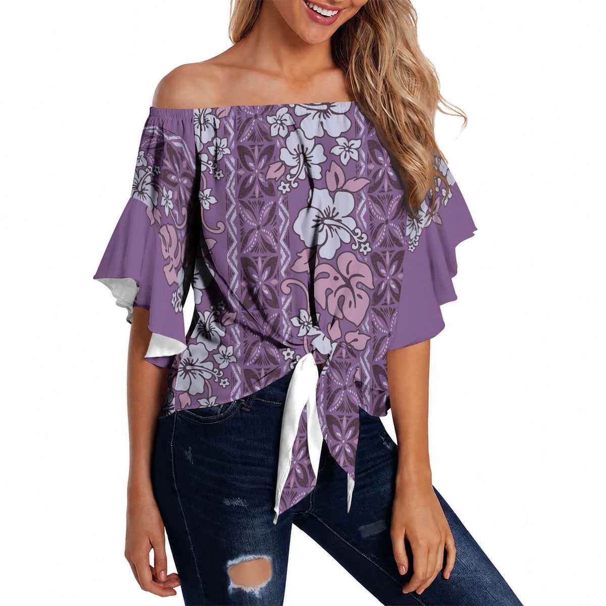 Hawaii Vintage Violet Hibiscus Tapa Pattern Off Shoulder Wrap Waist Top LT05 - Polynesian Pride
