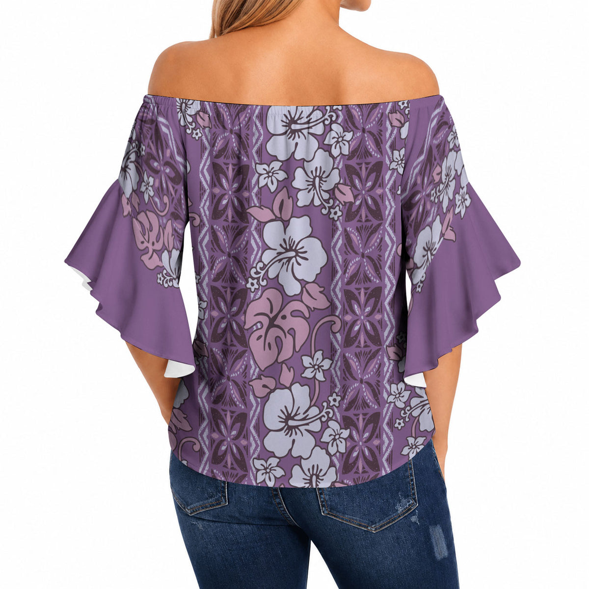 Hawaii Vintage Violet Hibiscus Tapa Pattern Off Shoulder Wrap Waist Top LT05 - Polynesian Pride