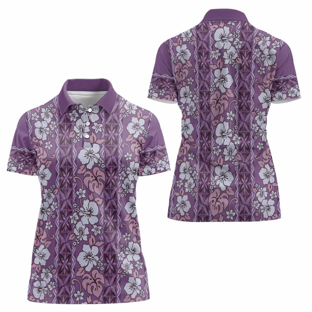 Hawaii Vintage Violet Hibiscus Tapa Pattern Women Polo Shirt