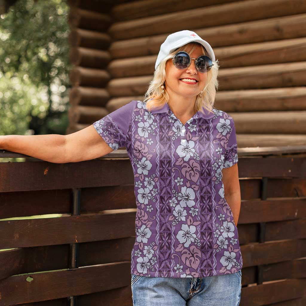 Hawaii Vintage Violet Hibiscus Tapa Pattern Women Polo Shirt