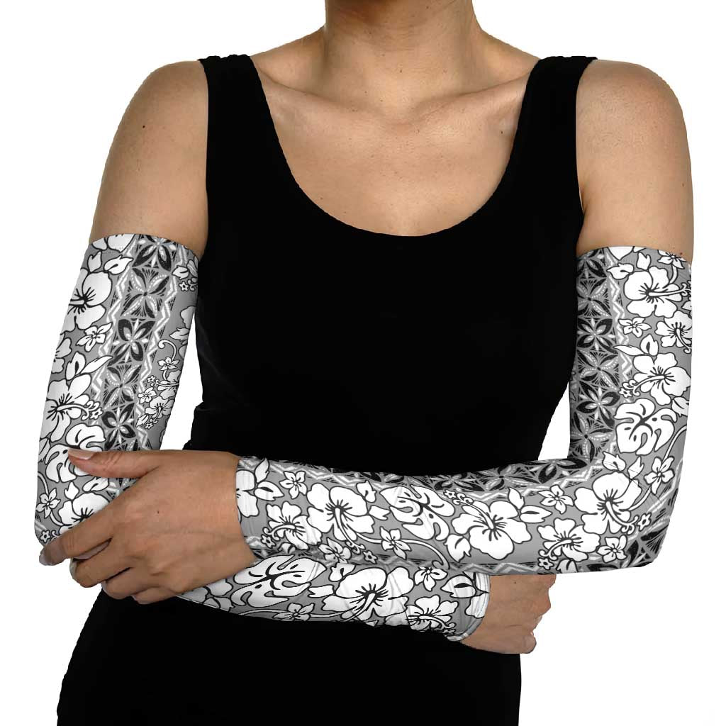 Hawaii Vintage Gray Hibiscus Tapa Pattern Arm Sleeves - Polynesian Pride
