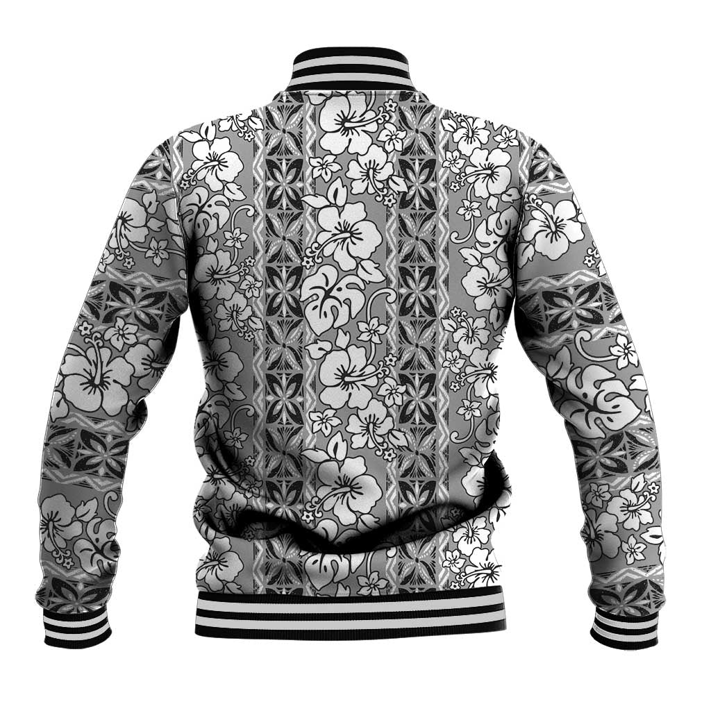 Hawaii Vintage Gray Hibiscus Tapa Pattern Baseball Jacket