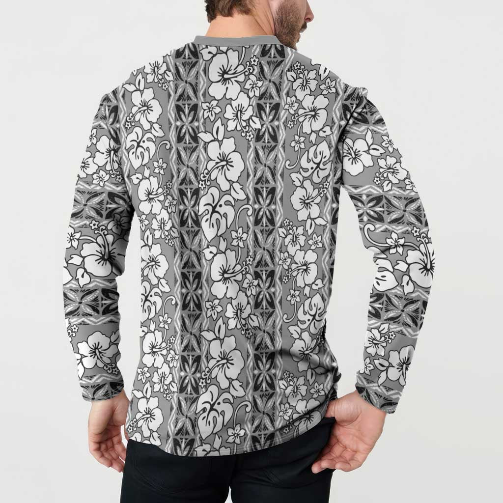 Hawaii Vintage Gray Hibiscus Tapa Pattern Button Sweatshirt