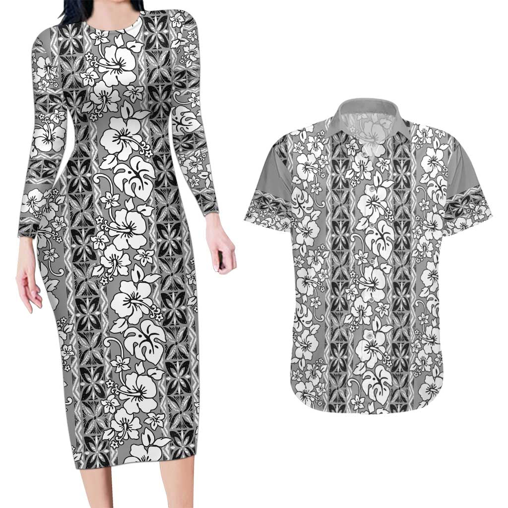 Hawaii Vintage Gray Hibiscus Tapa Pattern Couples Matching Long Sleeve Bodycon Dress and Hawaiian Shirt LT05 Gray - Polynesian Pride