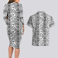 Hawaii Vintage Gray Hibiscus Tapa Pattern Couples Matching Long Sleeve Bodycon Dress and Hawaiian Shirt LT05 - Polynesian Pride