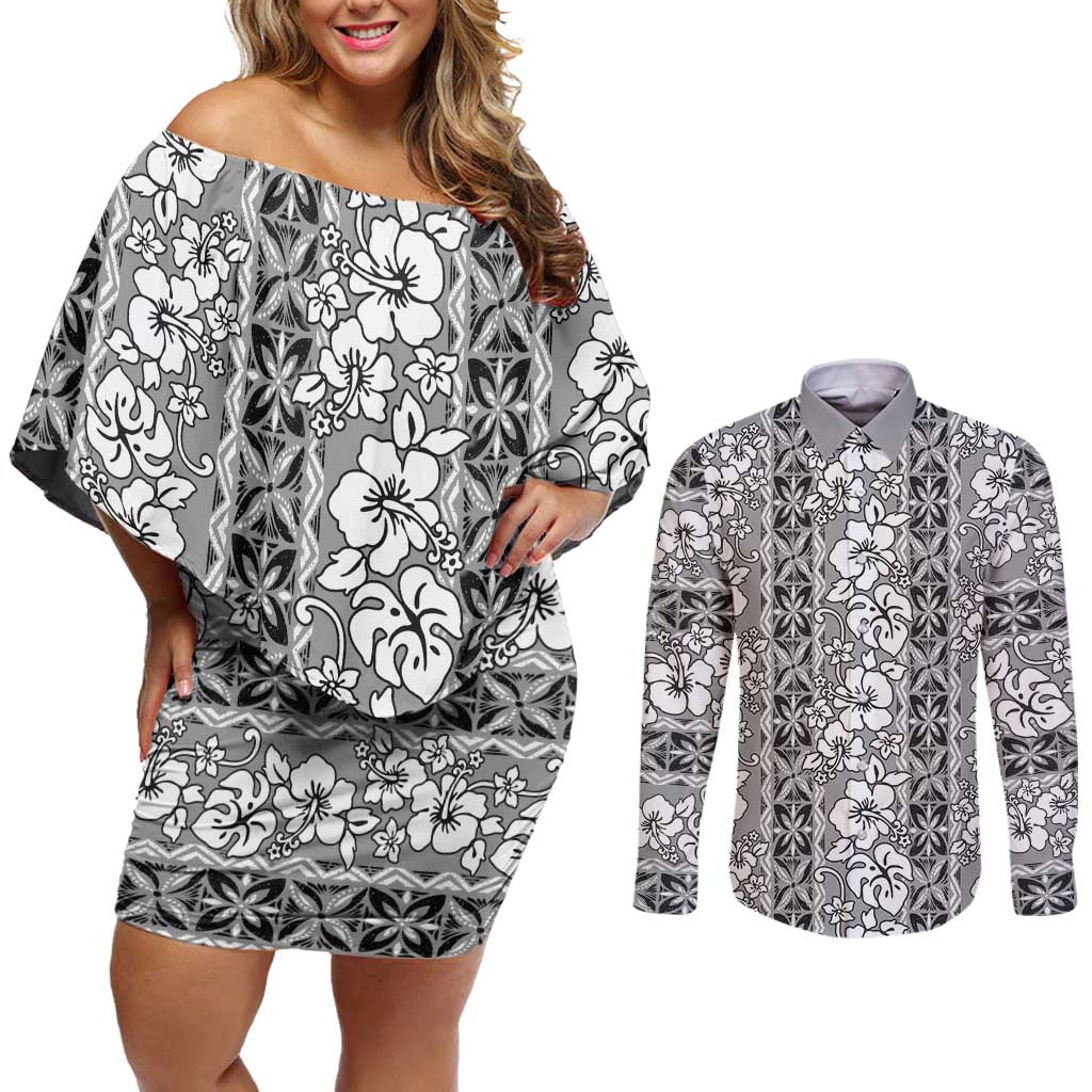 Hawaii Vintage Gray Hibiscus Tapa Pattern Couples Matching Off Shoulder Short Dress and Long Sleeve Button Shirt