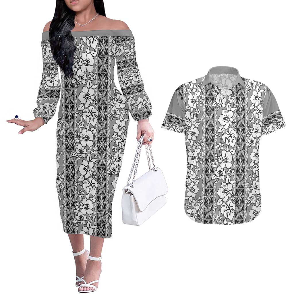 Hawaii Vintage Gray Hibiscus Tapa Pattern Couples Matching Off The Shoulder Long Sleeve Dress and Hawaiian Shirt