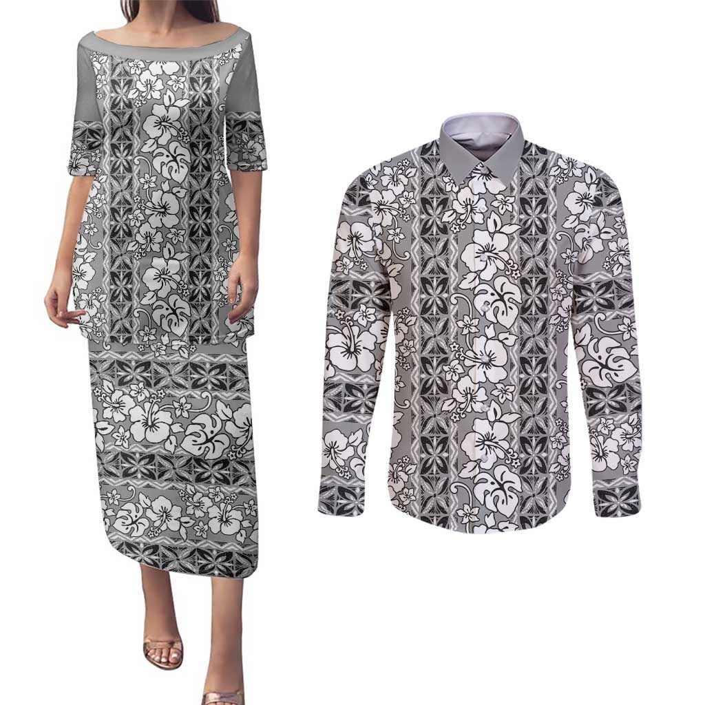 Hawaii Vintage Gray Hibiscus Tapa Pattern Couples Matching Puletasi and Long Sleeve Button Shirt LT05 Gray - Polynesian Pride