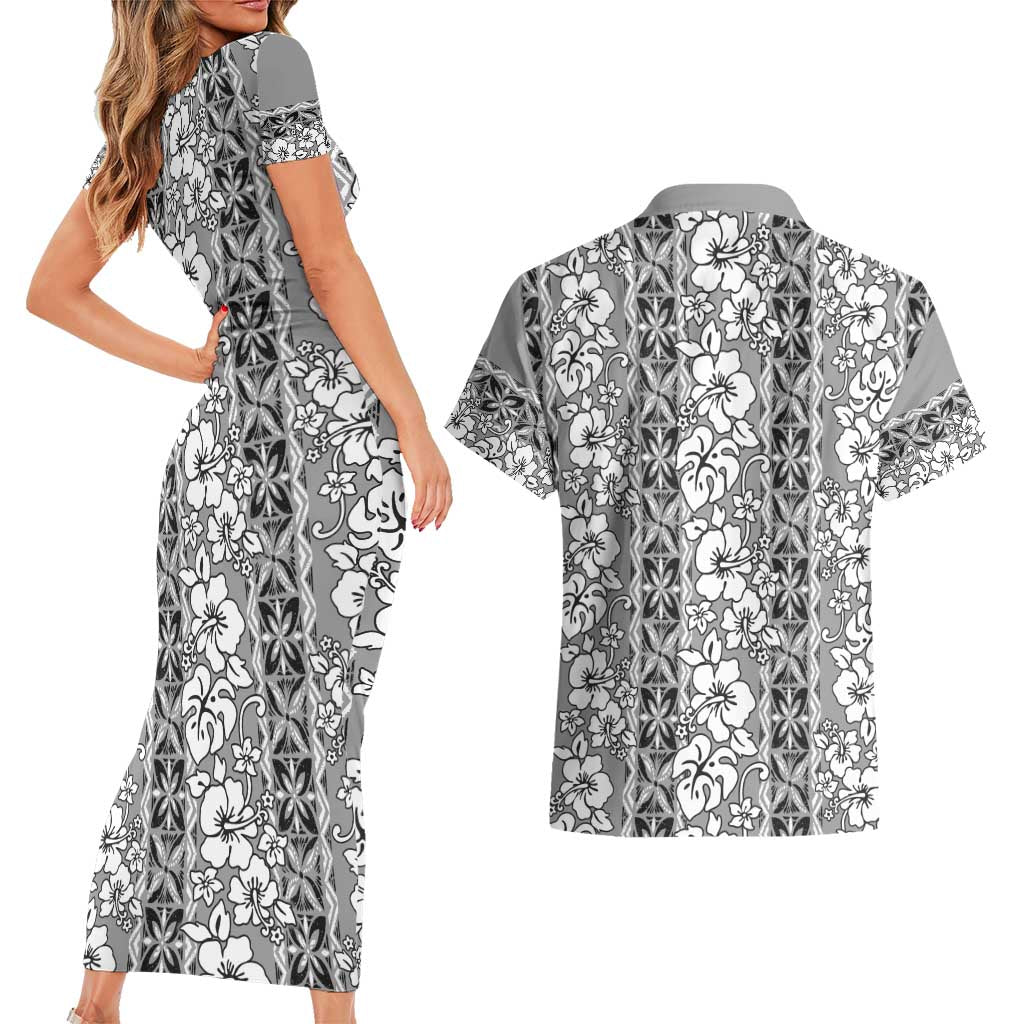 Hawaii Vintage Gray Hibiscus Tapa Pattern Couples Matching Short Sleeve Bodycon Dress and Hawaiian Shirt LT05 - Polynesian Pride