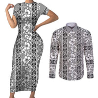 Hawaii Vintage Gray Hibiscus Tapa Pattern Couples Matching Short Sleeve Bodycon Dress and Long Sleeve Button Shirt