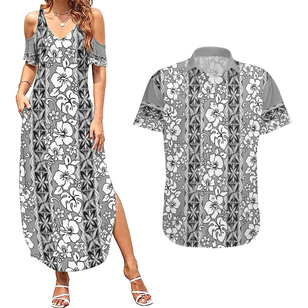 Hawaii Vintage Gray Hibiscus Tapa Pattern Couples Matching Summer Maxi Dress and Hawaiian Shirt