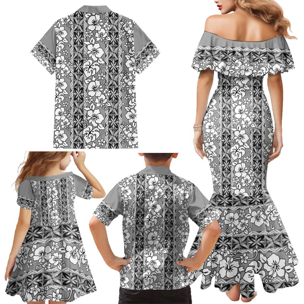 Hawaii Vintage Gray Hibiscus Tapa Pattern Family Matching Mermaid Dress and Hawaiian Shirt LT05 - Polynesian Pride