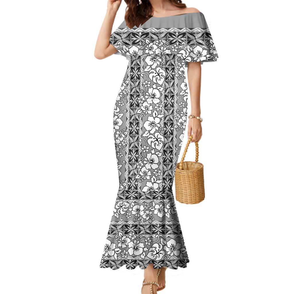 Hawaii Vintage Gray Hibiscus Tapa Pattern Family Matching Mermaid Dress and Hawaiian Shirt LT05 Mom's Dress Gray - Polynesian Pride