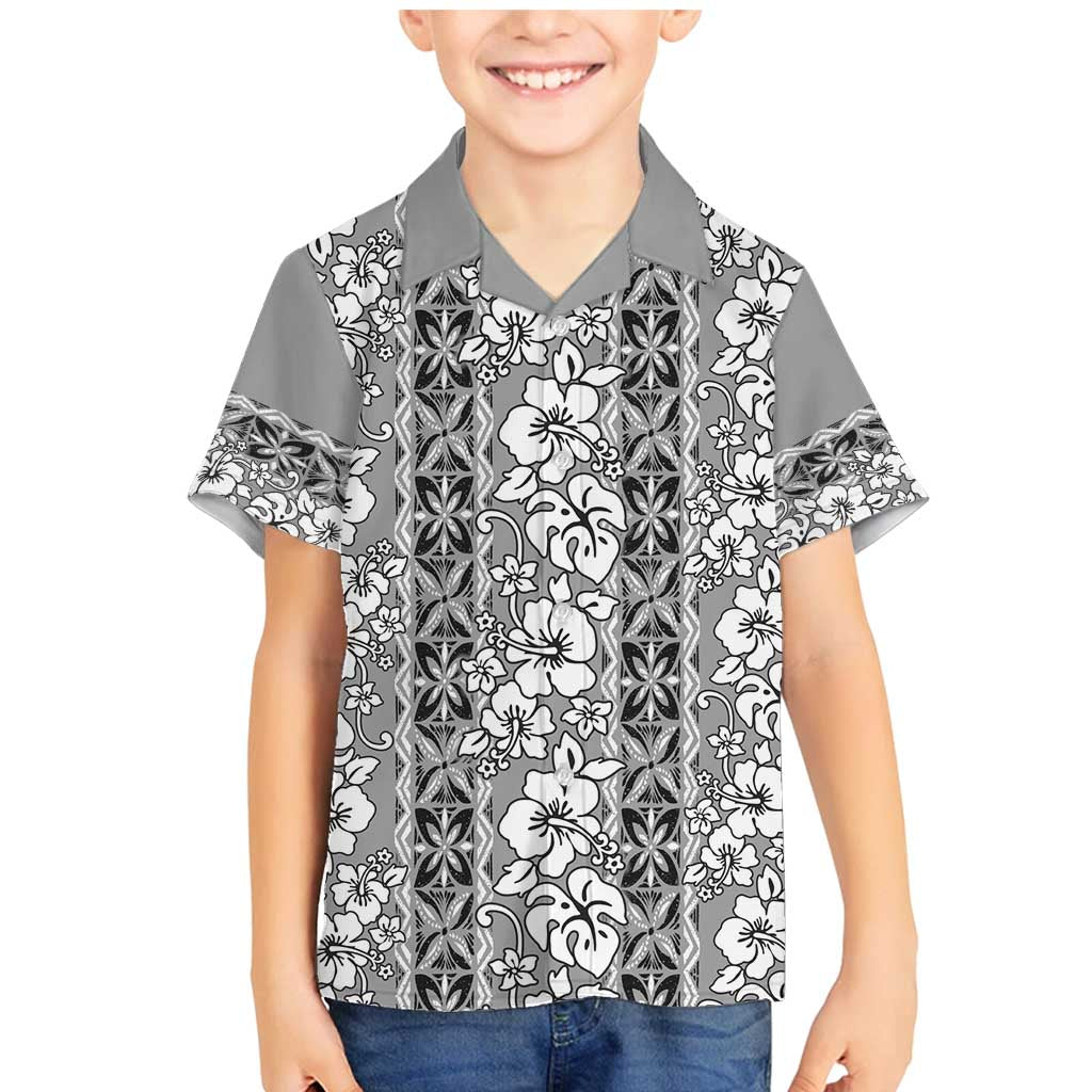 Hawaii Vintage Gray Hibiscus Tapa Pattern Family Matching Mermaid Dress and Hawaiian Shirt LT05 Son's Shirt Gray - Polynesian Pride