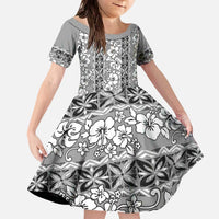 Hawaii Vintage Gray Hibiscus Tapa Pattern Family Matching Off The Shoulder Long Sleeve Dress and Hawaiian Shirt LT05 Daughter's Dress Gray - Polynesian Pride