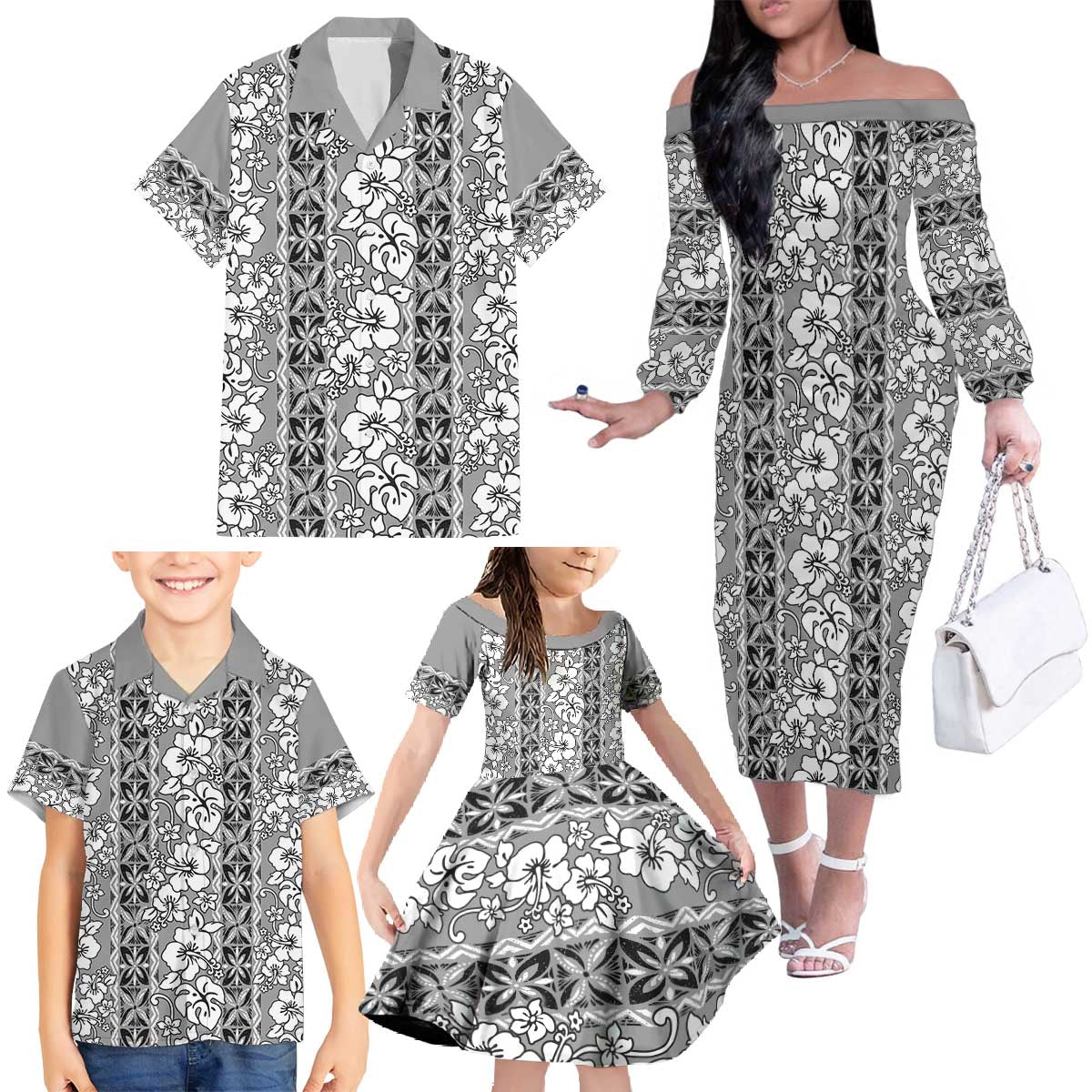 Hawaii Vintage Gray Hibiscus Tapa Pattern Family Matching Off The Shoulder Long Sleeve Dress and Hawaiian Shirt LT05 - Polynesian Pride