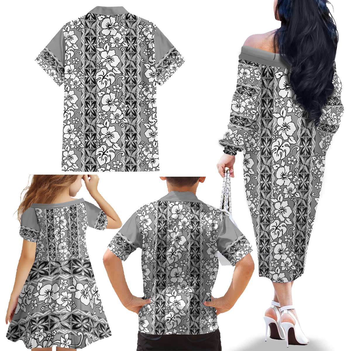 Hawaii Vintage Gray Hibiscus Tapa Pattern Family Matching Off The Shoulder Long Sleeve Dress and Hawaiian Shirt LT05 - Polynesian Pride