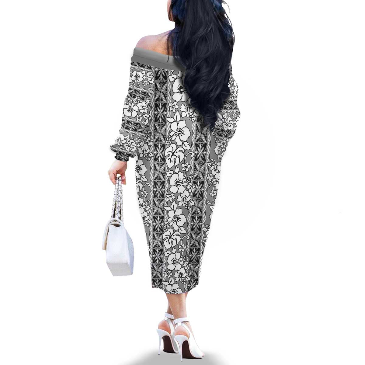 Hawaii Vintage Gray Hibiscus Tapa Pattern Family Matching Off The Shoulder Long Sleeve Dress and Hawaiian Shirt LT05 - Polynesian Pride