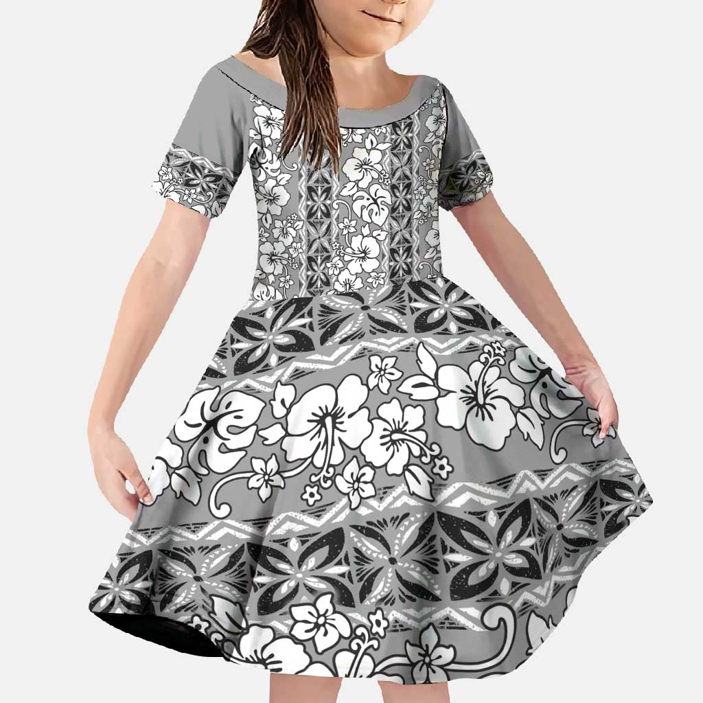 Hawaii Vintage Gray Hibiscus Tapa Pattern Family Matching Off Shoulder Maxi Dress and Hawaiian Shirt LT05 Daughter's Dress Gray - Polynesian Pride