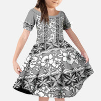 Hawaii Vintage Gray Hibiscus Tapa Pattern Family Matching Off Shoulder Maxi Dress and Hawaiian Shirt LT05 Daughter's Dress Gray - Polynesian Pride