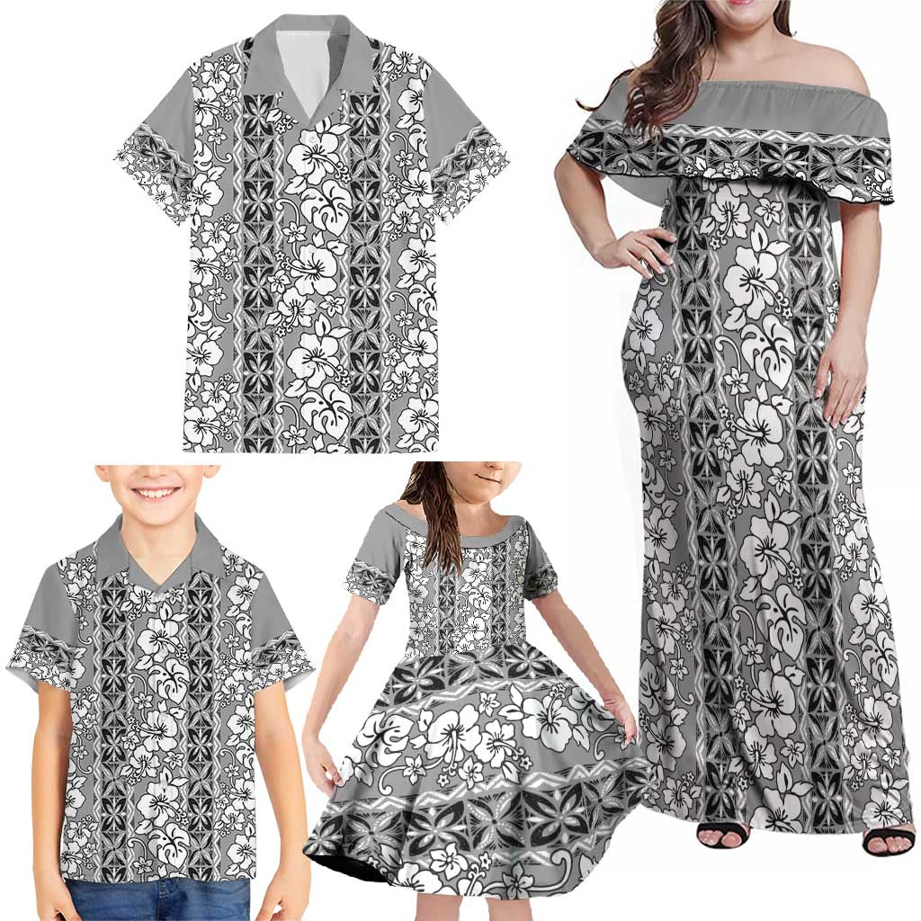 Hawaii Vintage Gray Hibiscus Tapa Pattern Family Matching Off Shoulder Maxi Dress and Hawaiian Shirt LT05 - Polynesian Pride