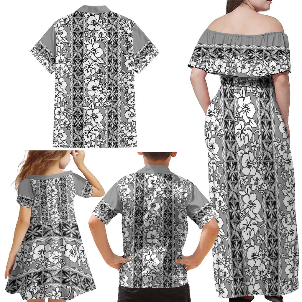 Hawaii Vintage Gray Hibiscus Tapa Pattern Family Matching Off Shoulder Maxi Dress and Hawaiian Shirt LT05 - Polynesian Pride
