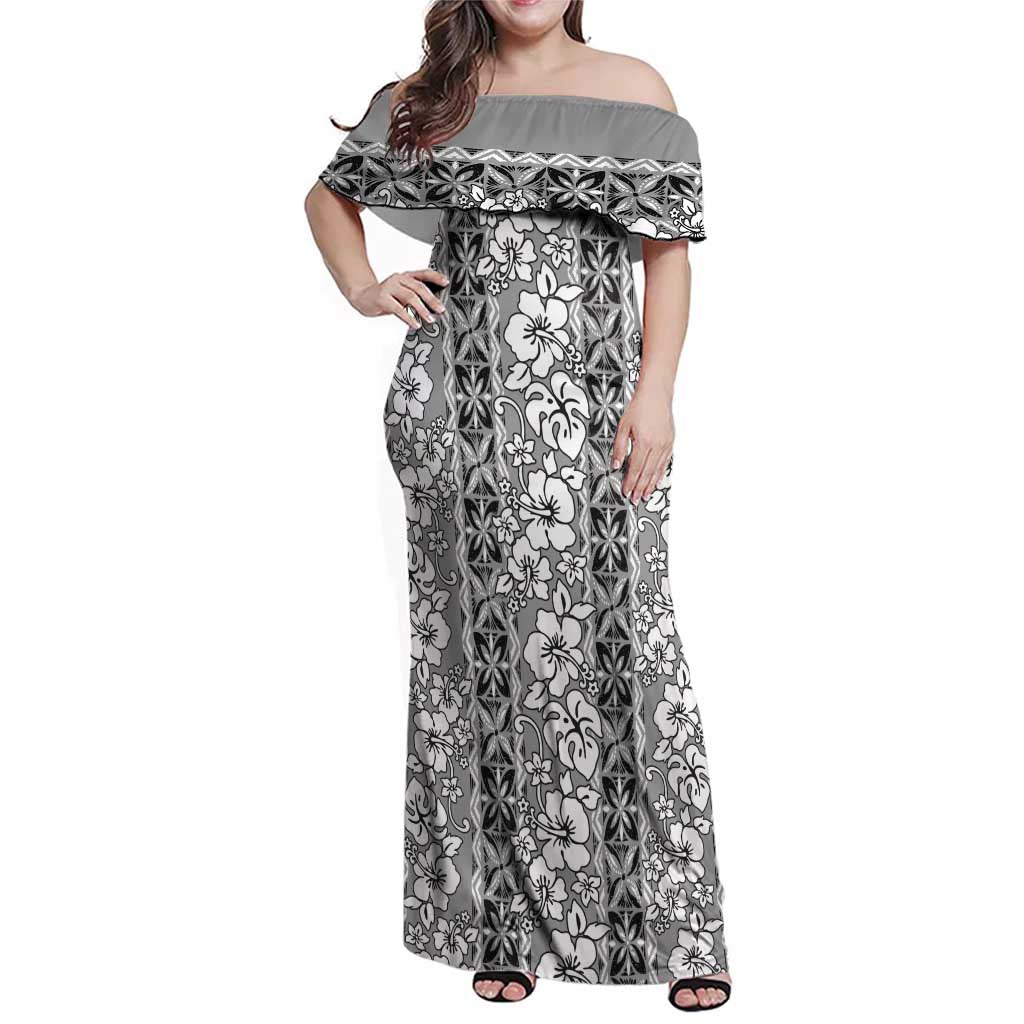 Hawaii Vintage Gray Hibiscus Tapa Pattern Family Matching Off Shoulder Maxi Dress and Hawaiian Shirt LT05 Mom's Dress Gray - Polynesian Pride
