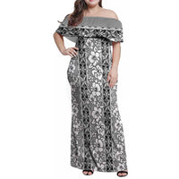 Hawaii Vintage Gray Hibiscus Tapa Pattern Family Matching Off Shoulder Maxi Dress and Hawaiian Shirt LT05 Mom's Dress Gray - Polynesian Pride