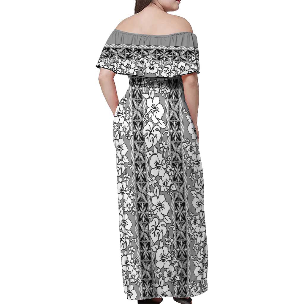 Hawaii Vintage Gray Hibiscus Tapa Pattern Family Matching Off Shoulder Maxi Dress and Hawaiian Shirt LT05 - Polynesian Pride