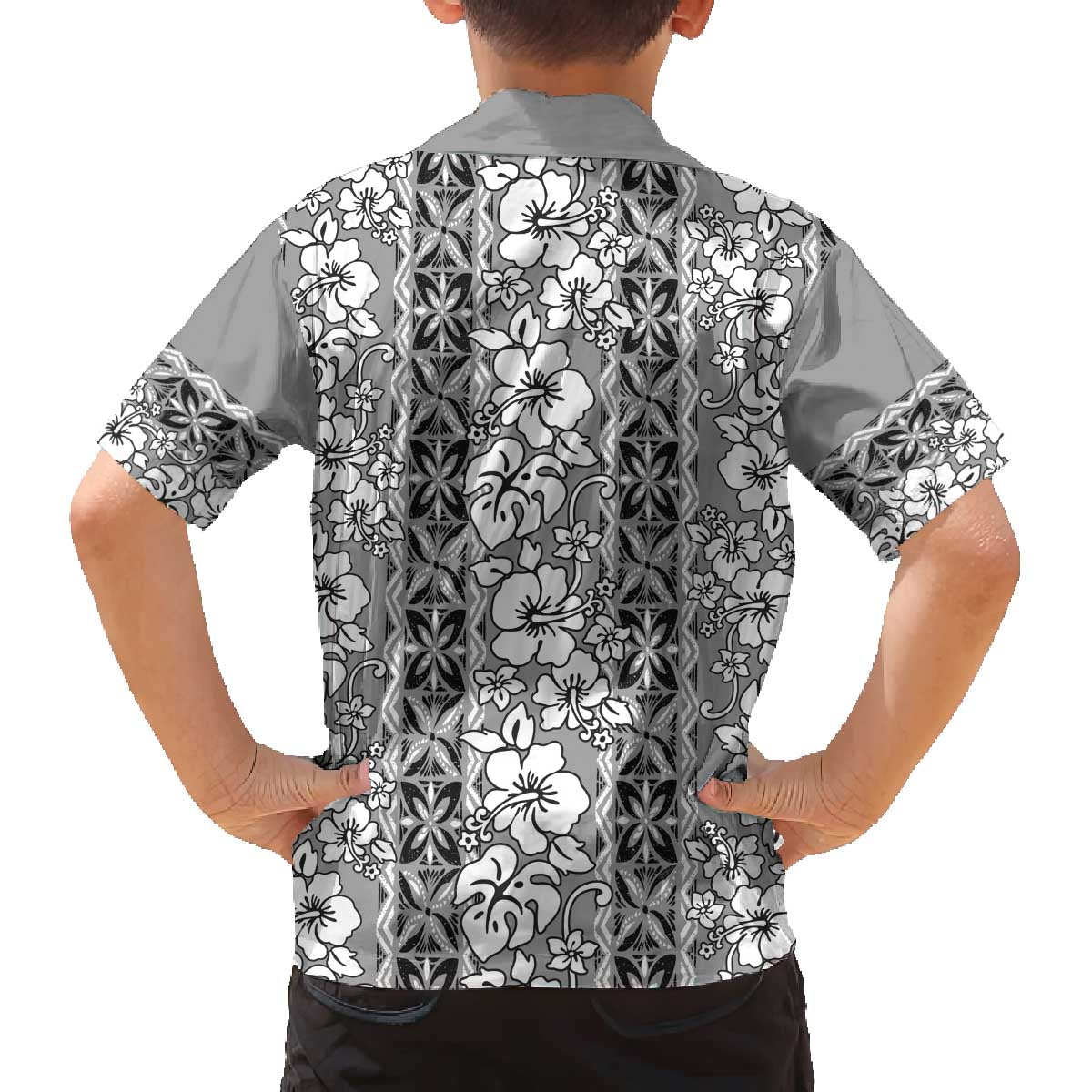 Hawaii Vintage Gray Hibiscus Tapa Pattern Family Matching Off Shoulder Short Dress and Hawaiian Shirt LT05 - Polynesian Pride