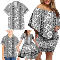 Hawaii Vintage Gray Hibiscus Tapa Pattern Family Matching Off Shoulder Short Dress and Hawaiian Shirt LT05 - Polynesian Pride