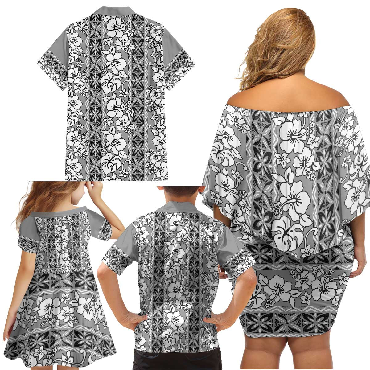 Hawaii Vintage Gray Hibiscus Tapa Pattern Family Matching Off Shoulder Short Dress and Hawaiian Shirt LT05 - Polynesian Pride