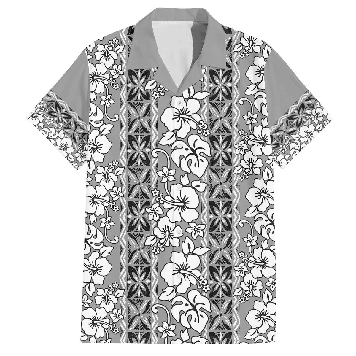 Hawaii Vintage Gray Hibiscus Tapa Pattern Family Matching Off Shoulder Short Dress and Hawaiian Shirt LT05 Dad's Shirt - Short Sleeve Gray - Polynesian Pride