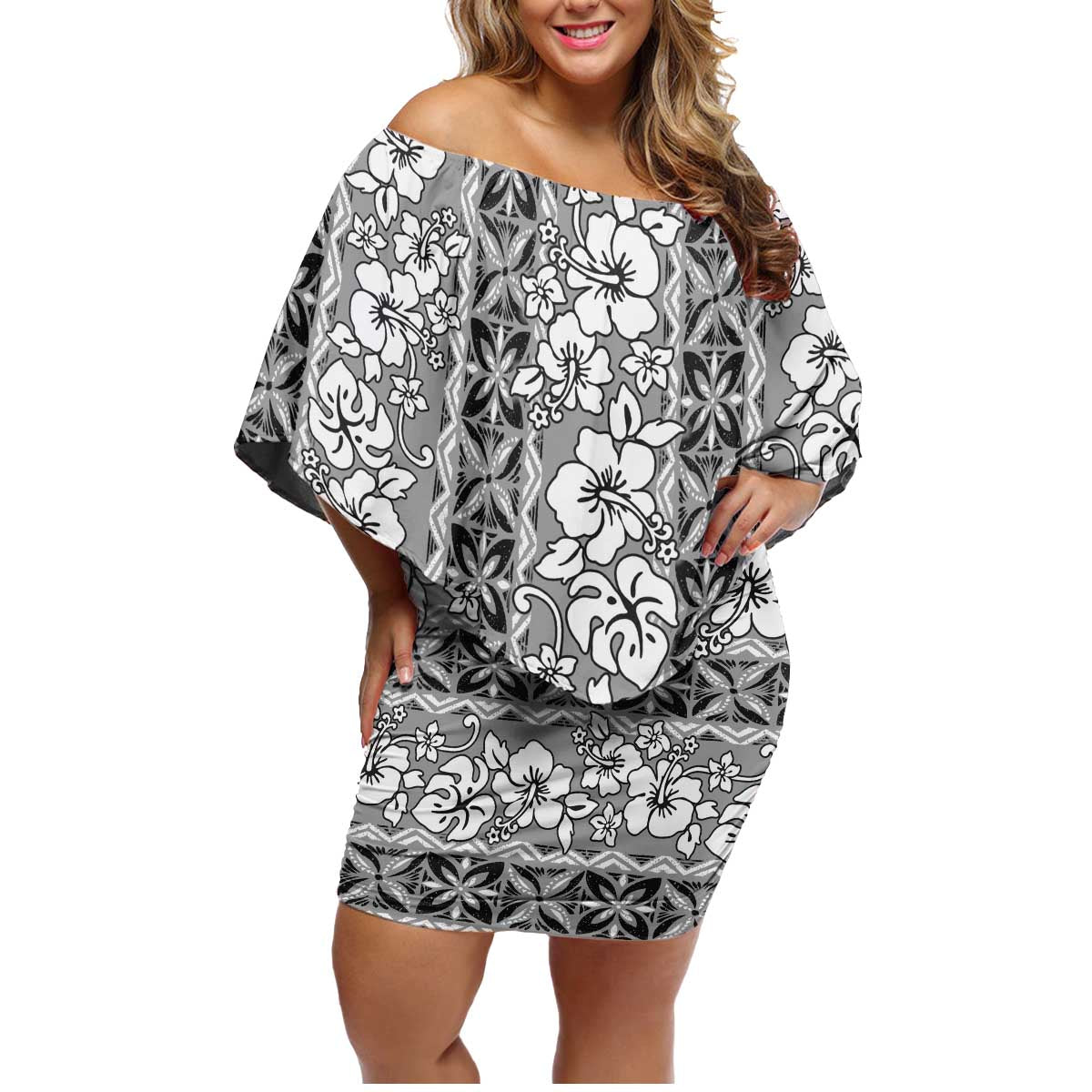 Hawaii Vintage Gray Hibiscus Tapa Pattern Family Matching Off Shoulder Short Dress and Hawaiian Shirt LT05 Mom's Dress Gray - Polynesian Pride