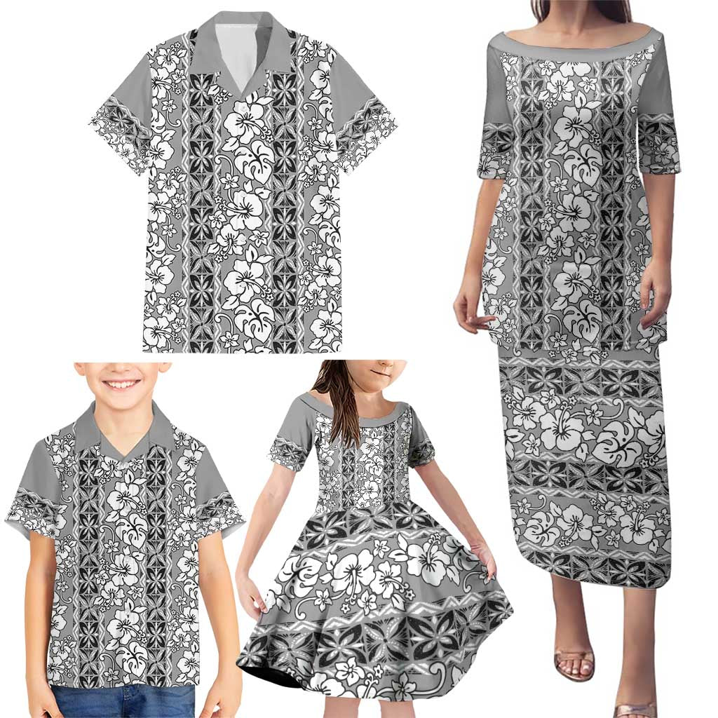 Hawaii Vintage Gray Hibiscus Tapa Pattern Family Matching Puletasi and Hawaiian Shirt LT05 - Polynesian Pride