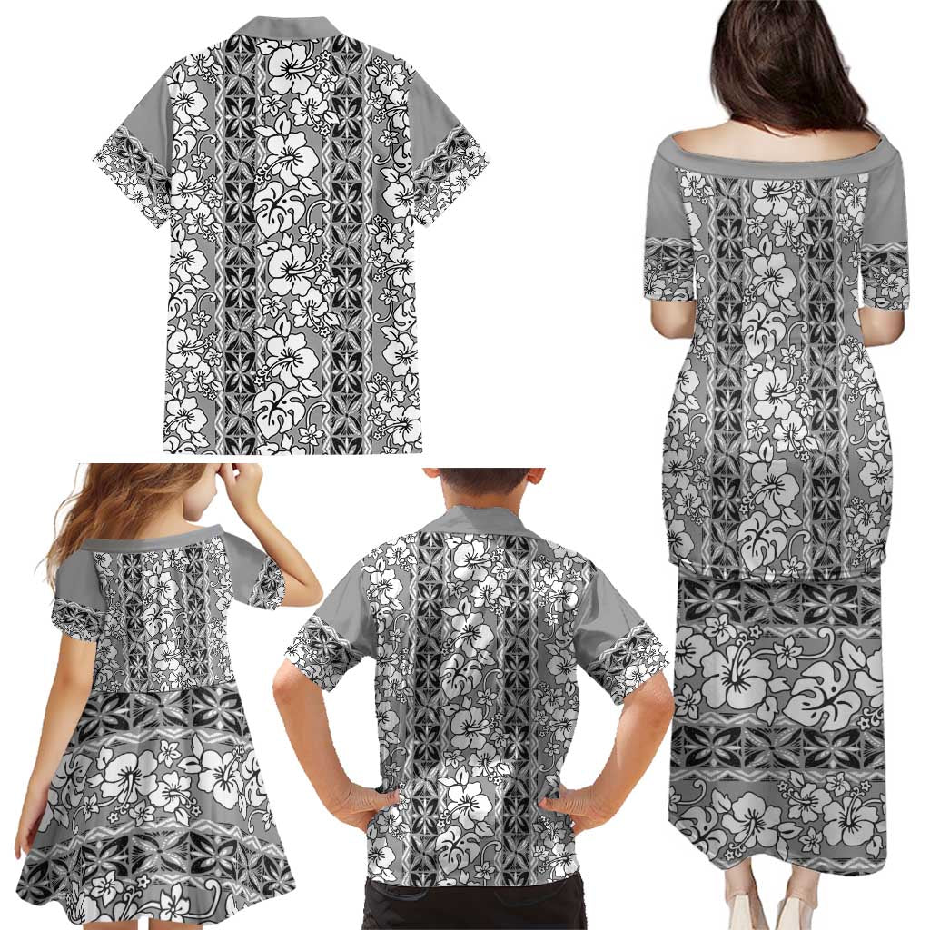 Hawaii Vintage Gray Hibiscus Tapa Pattern Family Matching Puletasi and Hawaiian Shirt LT05 - Polynesian Pride