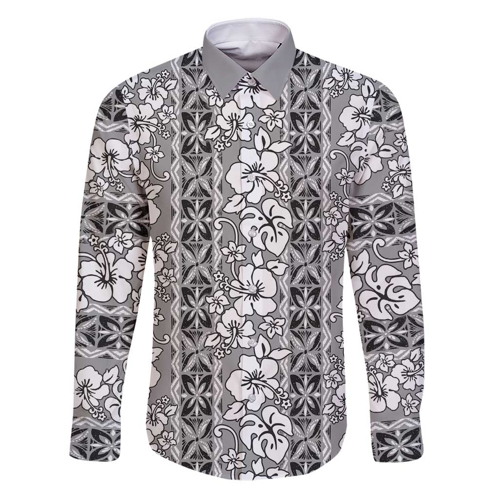 Hawaii Vintage Gray Hibiscus Tapa Pattern Family Matching Puletasi and Hawaiian Shirt LT05 Dad's Shirt - Long Sleeve Gray - Polynesian Pride