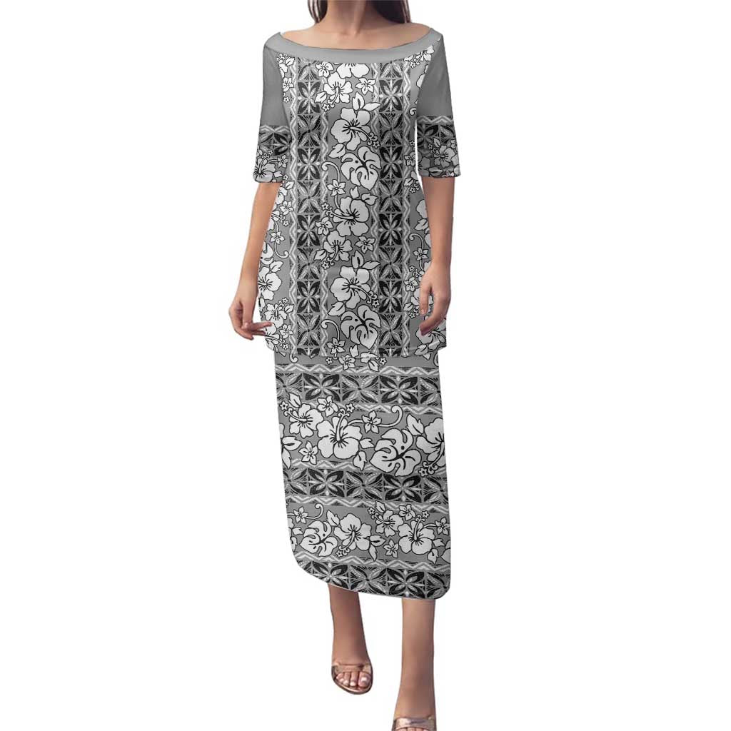 Hawaii Vintage Gray Hibiscus Tapa Pattern Family Matching Puletasi and Hawaiian Shirt LT05 Mom's Dress Gray - Polynesian Pride