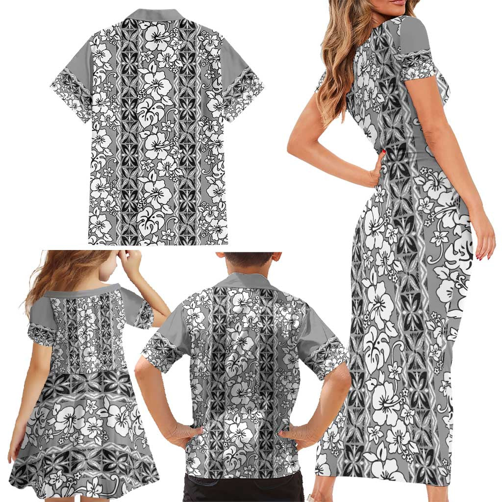 Hawaii Vintage Gray Hibiscus Tapa Pattern Family Matching Short Sleeve Bodycon Dress and Hawaiian Shirt LT05 - Polynesian Pride