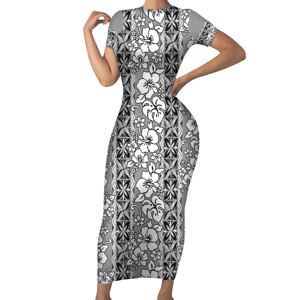 Hawaii Vintage Gray Hibiscus Tapa Pattern Family Matching Short Sleeve Bodycon Dress and Hawaiian Shirt LT05 Mom's Dress Gray - Polynesian Pride