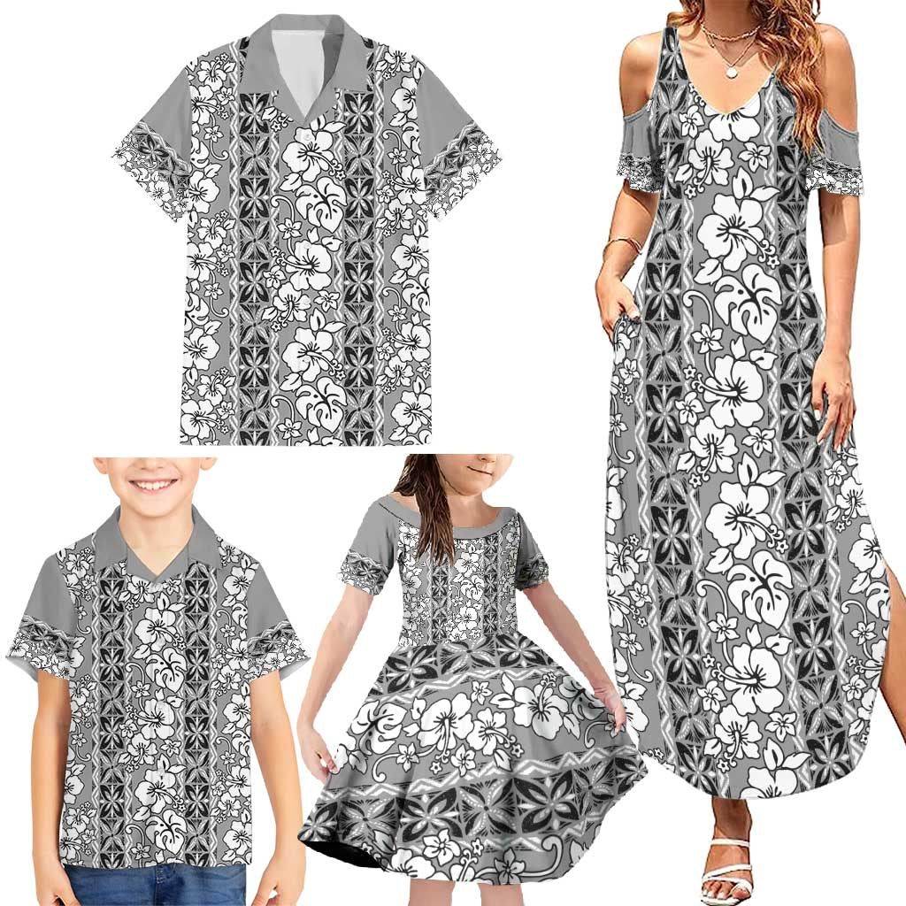 Hawaii Vintage Gray Hibiscus Tapa Pattern Family Matching Summer Maxi Dress and Hawaiian Shirt LT05 - Polynesian Pride